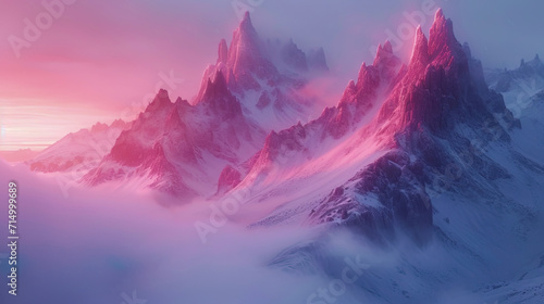 The etheric mountains in the pink fog are reminded of enchanting dreams and fantastic adventures