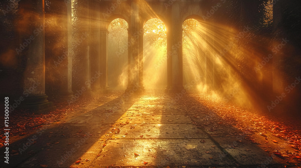 The geometric portal, shrouded in light, like a gate into an invisible world, creates the impressi The geometric portal, shrouded in light, like a gate into an invisible world, creates the impressi
