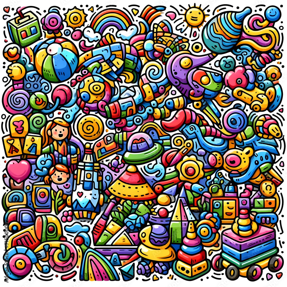 Toyland Adventure: Colorful Kids Toys doodle art pattern with various objects Toyland Adventure: Colorful Kids Toys doodle art pattern with various objects