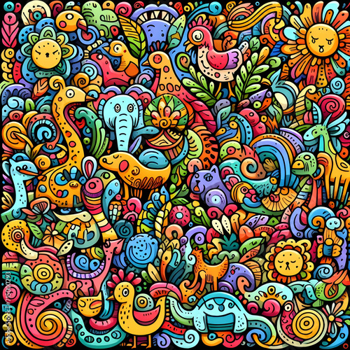 Rainbow Safari: Colorful Animals doodle art pattern with various animals © Iskandar