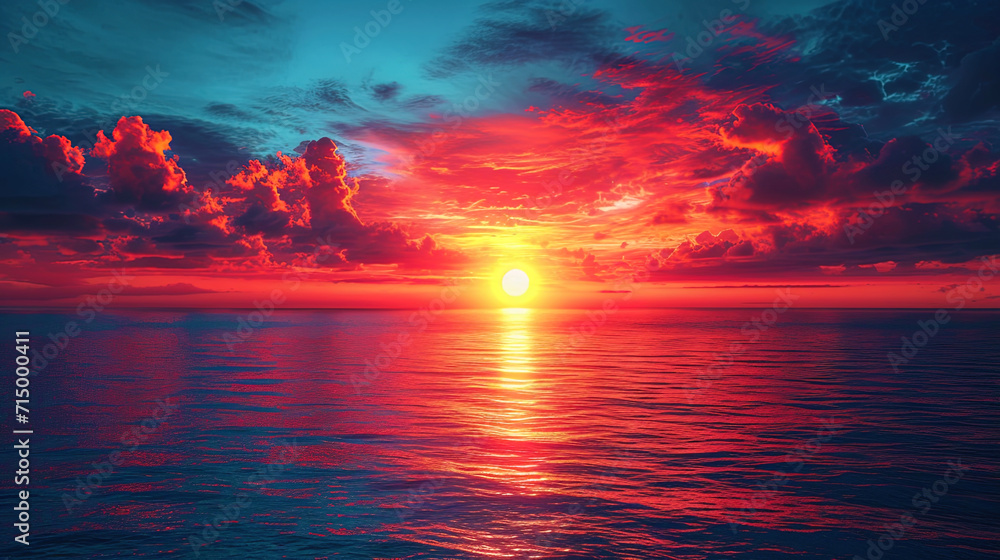 The sun, plunging into the ocean of sunset, stains the sky in the shades of the azure and coral, c