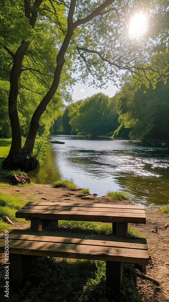 A tranquil riverside scene with a wooden picnic bench.