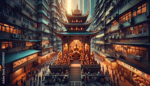 Majestic Traditional Temple Amidst High-Rise Urban Buildings at Dusk