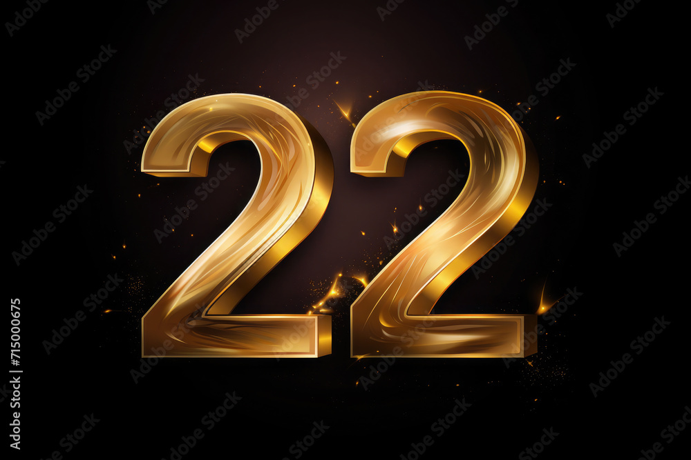 Golden number 22. Anniversary 22 on black background. Poster template for Celebrating 22th anniversary event party. Copy space Golden number 22. Anniversary 22 on black background. Poster template for Celebrating 22th anniversary event party. Copy space