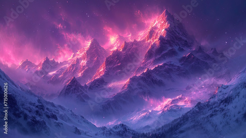 Twilight etheric mountains, illuminated by purple light, create an atmosphere of a fairy tale