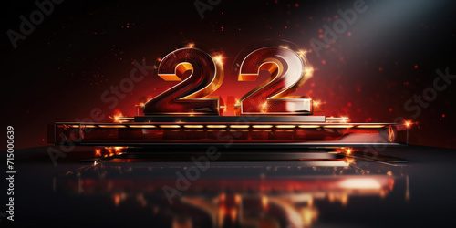 Golden-red 3D number 22 on black background . Anniversary 22. Poster template for Celebrating 22th anniversary event party. Banner. Copy space photo