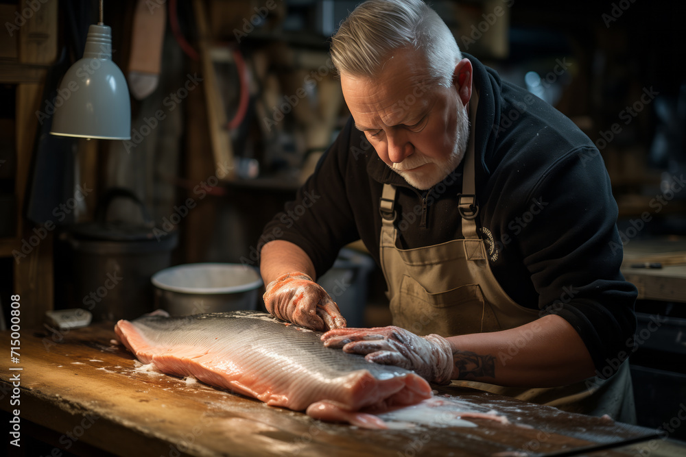 A man cuts a red fish with a knife