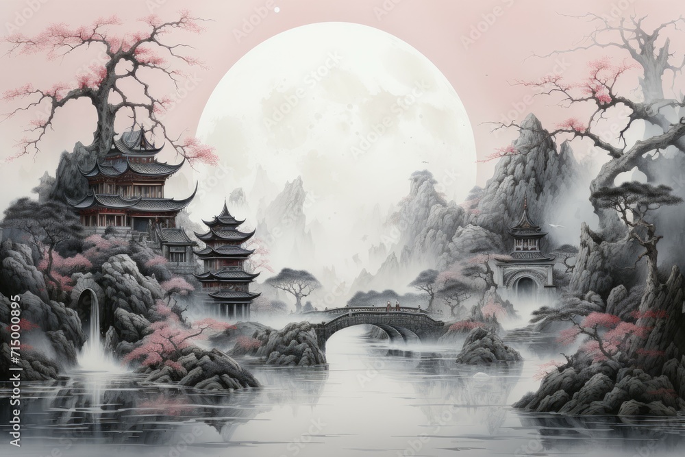 Fototapeta premium Bewitching moonstone fountains in Fantasy - Generative AI