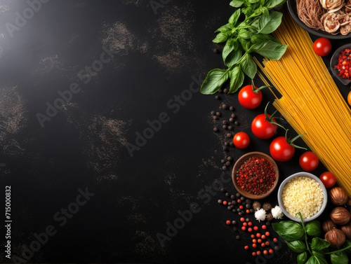Italian food background on black stone board. Pasta, fresh tomatoes, basil, garlic, spices. Top view with copy space.