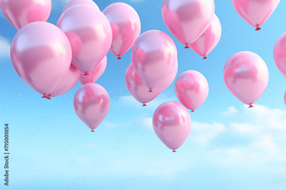 Pink and blue balloons. Pastel Celebration: 3D Render of Pink Balloons on Pastel Blue Background. Generative ai