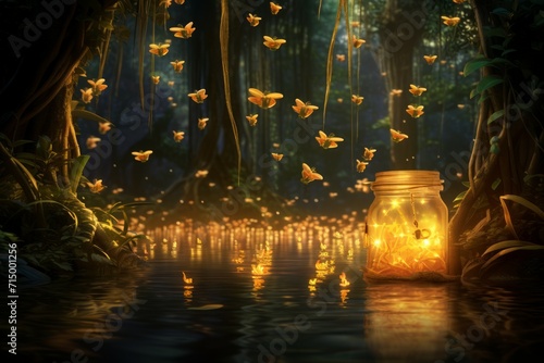 Playful twilight fireflies, dancing in the fading light, casting a soft glow on the world - Generative AI