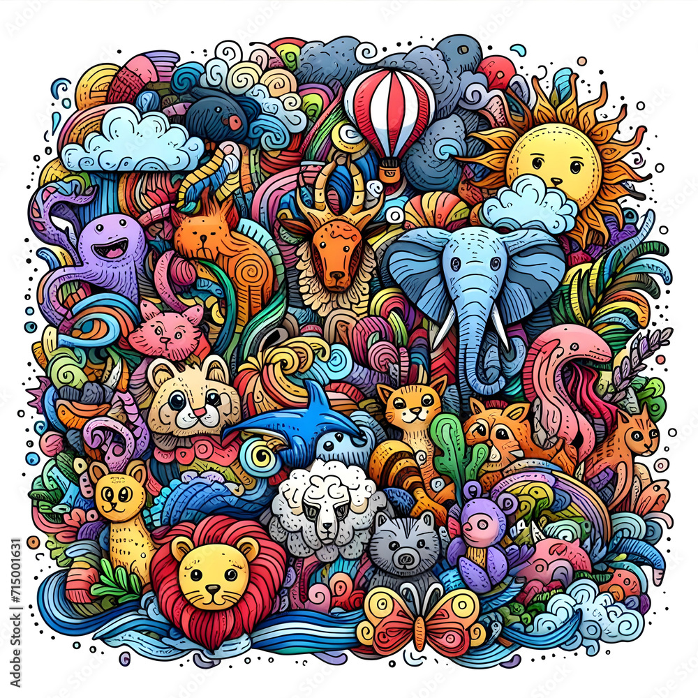 Fototapeta premium Rainbow Safari: Colorful Animals doodle art pattern with various animals