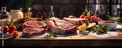 Raw beef steak on wooden board background with vegetables, spices and cooking ingredients. 