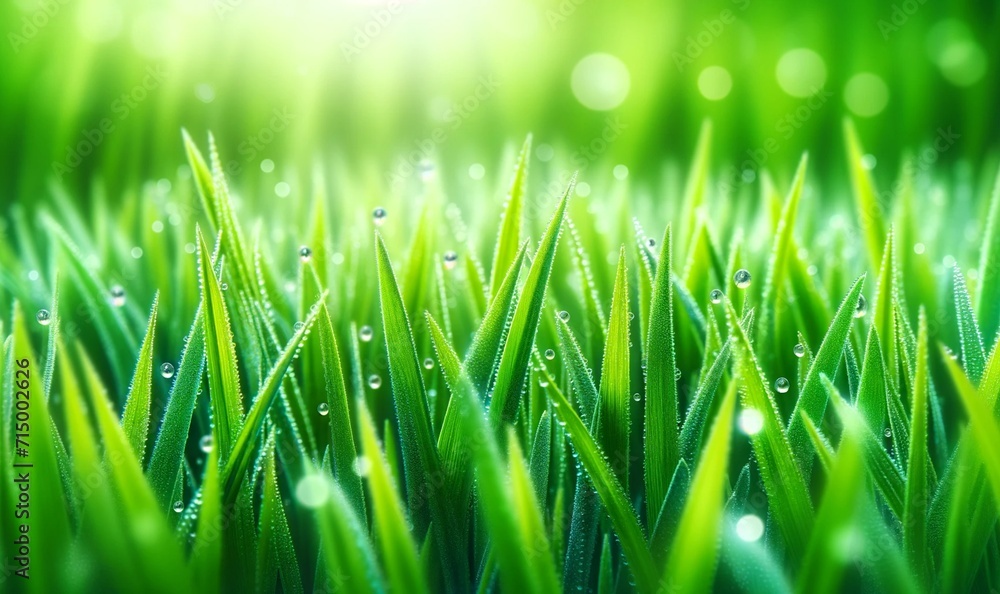 fresh green grass close-up with dew drops on the blades background