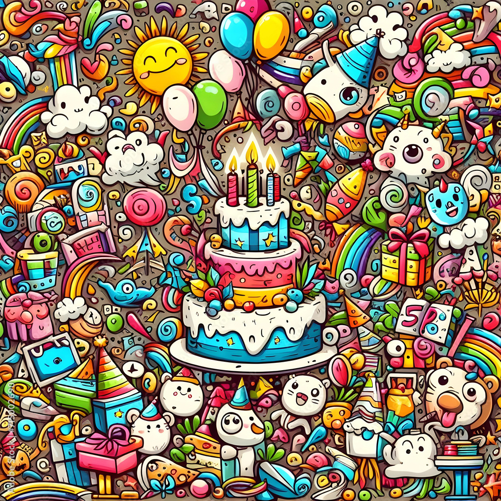 Colorful Birthday Party art pattern with various objects
