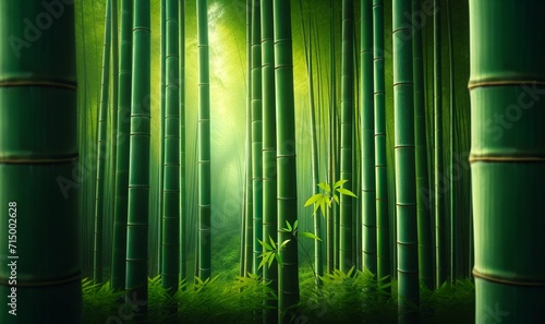 tall  straight bamboo stalks with a lush green background
