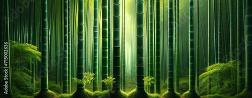 straight bamboo stalks with a lush green background