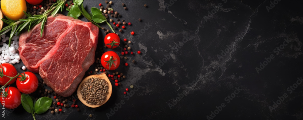 Raw beef steak on dark black board background, above top view, text copy space, uncooked raw beef steak,rosemary spices, cooking ingredients. Raw beef steak on dark black board background, above top view, text copy space, uncooked raw beef steak,rosemary spices, cooking ingredients.