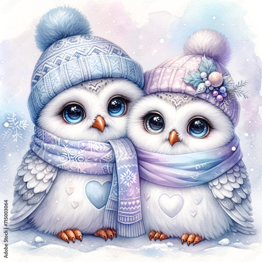 Fototapeta premium Two cute owls in winter hats and scarves. Watercolor illustration.