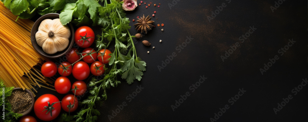 Italian spaghetti on dark black board background, above top view, text copy space, uncooked raw Italian pasta, tomatoes, basil, cooking ingredients on wooden table counter Italian spaghetti on dark black board background, above top view, text copy space, uncooked raw Italian pasta, tomatoes, basil, cooking ingredients on wooden table counter