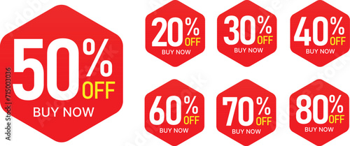 Different percent discount sticker discount price tag set. Red shape promote buy now with sell off up to 20, 30, 40, 50, 60, 70, 80 percentage vector illustration isolated on white. photo