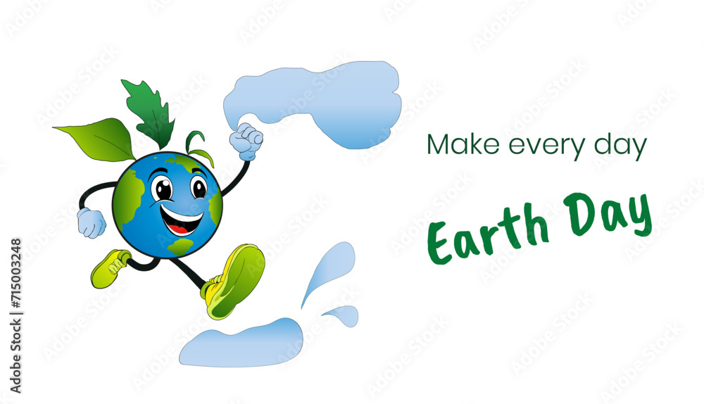 Obraz premium World Environment Day. Minimalist vector background, earth with cloud in hand walking on puddles. Design for postcard, poster, banner, social media with Make every day Earth Day.