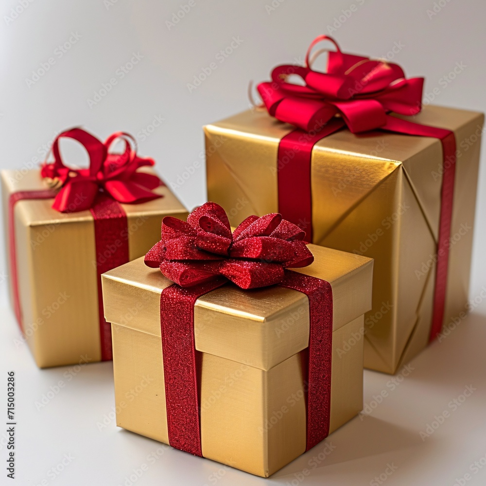 Obraz premium Two Gold Presents with Red Bows Generative AI