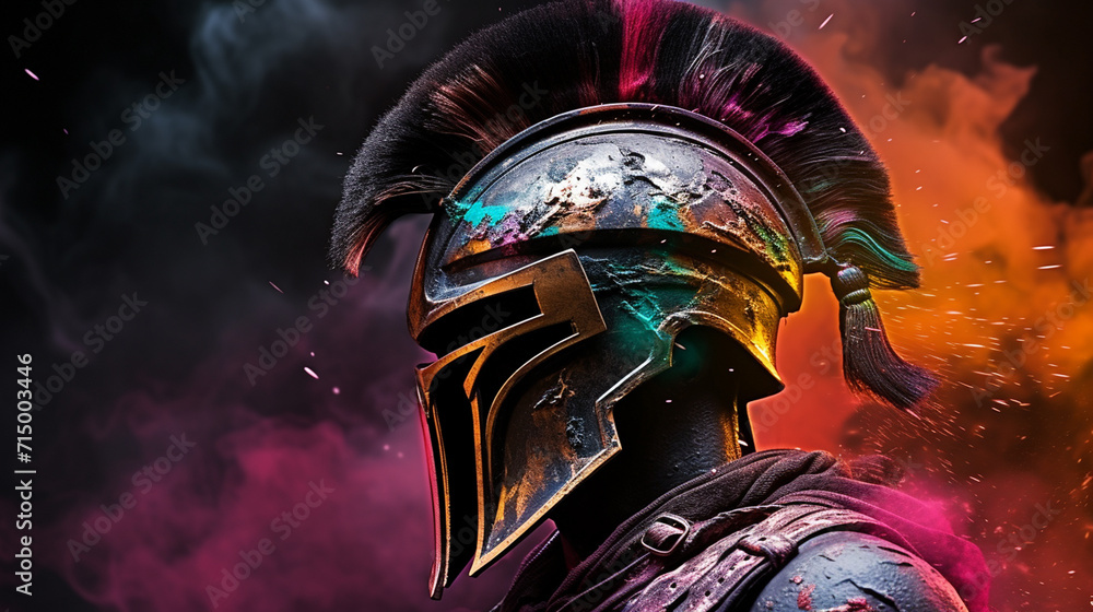 Photo & Art Print Spartan helmet and colored smoke on a black