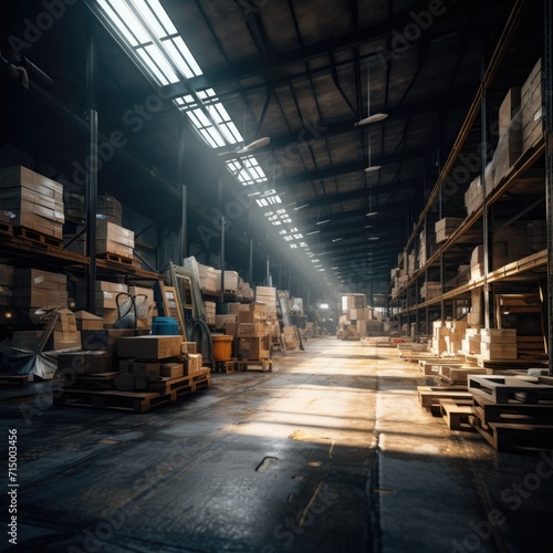 a warehouse with many pallets and boxes, in the style of dark amber and white 