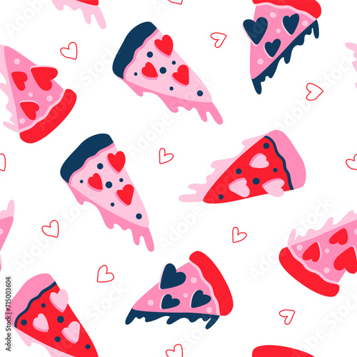 Pizza heart seamless pattern in pink and blue colors for Valentines day. Vector romantic repeat background, lovely print, modern slice of pizza, funny wallpaper, textile design, wrap paper, package.