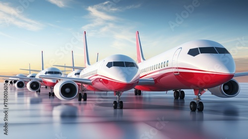 Airplane on the runway at sunset. 3d render illustration, white red airplane, passenger planes on the runway at sunset, airplanes on the runway .