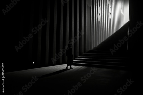 Silhouette of a woman going up the stairs at tunnel with light in the end, a lonely woman stands in front of a light portal, go into the light concept, 3d rendering.