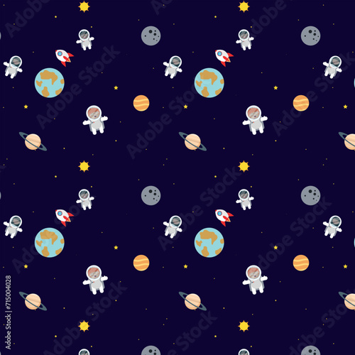 Web Space with astronauts stars planets spaceship seamless pattern on a blue background.