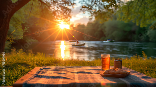 A serene riverside picnic at sunset. photo