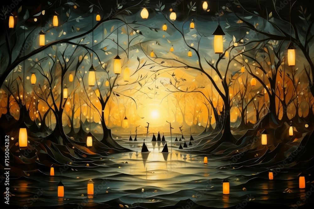 Fototapeta premium Playful twilight fireflies, dancing in the fading light, casting a soft glow on the world - Generative AI
