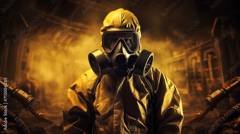 An engineer working in a lab, wearing a gas mask and protective suit An engineer working in a lab, wearing a gas mask and protective suit