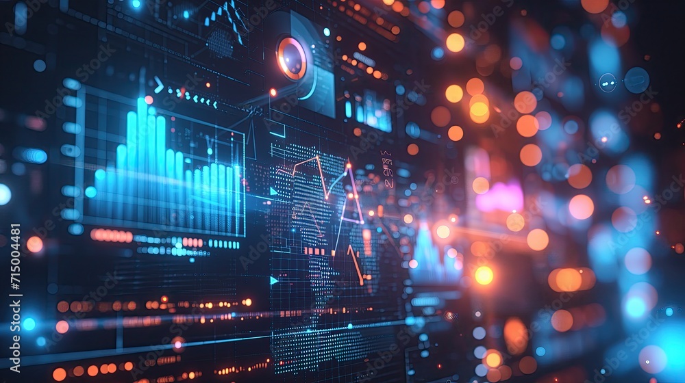 Fototapeta premium Digital holographic data charts and graphs with glowing lights and bokeh