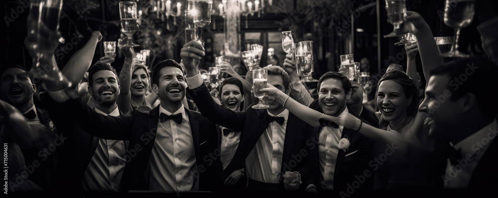 Happy people celebrating wedding party after bride