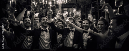 Happy people celebrating wedding party after bride photo