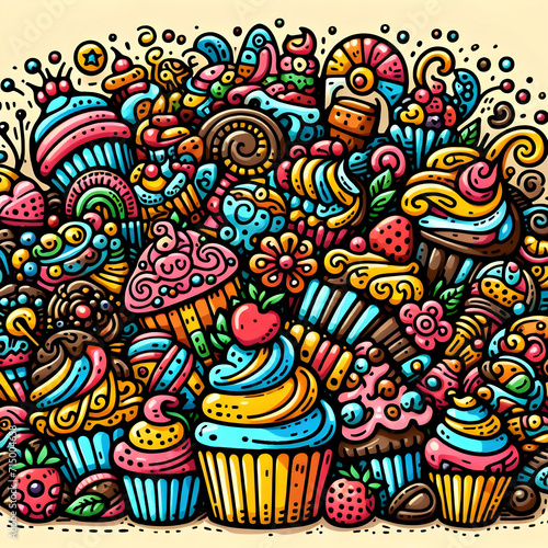 Sweet Treats Galore: Colorful Cupcakes Doodle Art