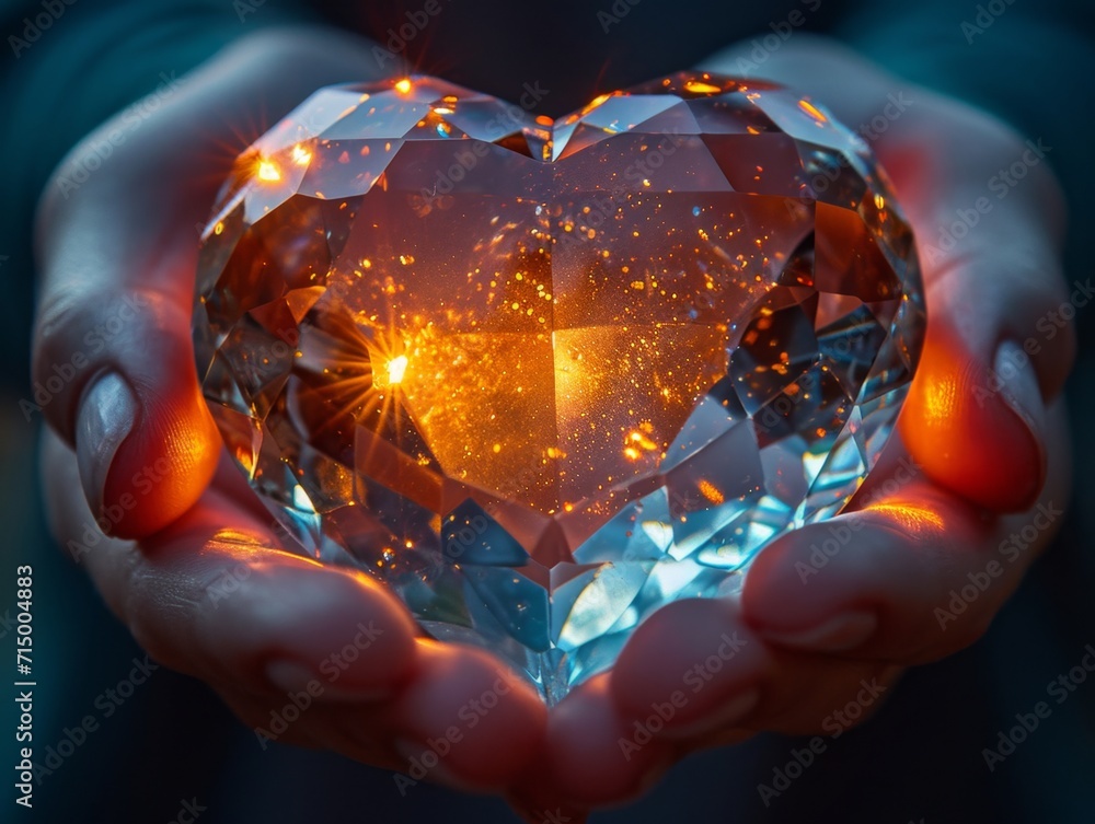 couple's hands gently holding a heart-shaped crystal pendant, ensuring the crystal's facets catch the light couple's hands gently holding a heart-shaped crystal pendant, ensuring the crystal's facets catch the light