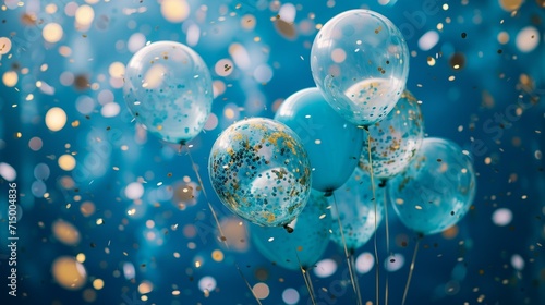 Festive balloons with falling confetti and sequins, a birthday or party party concept