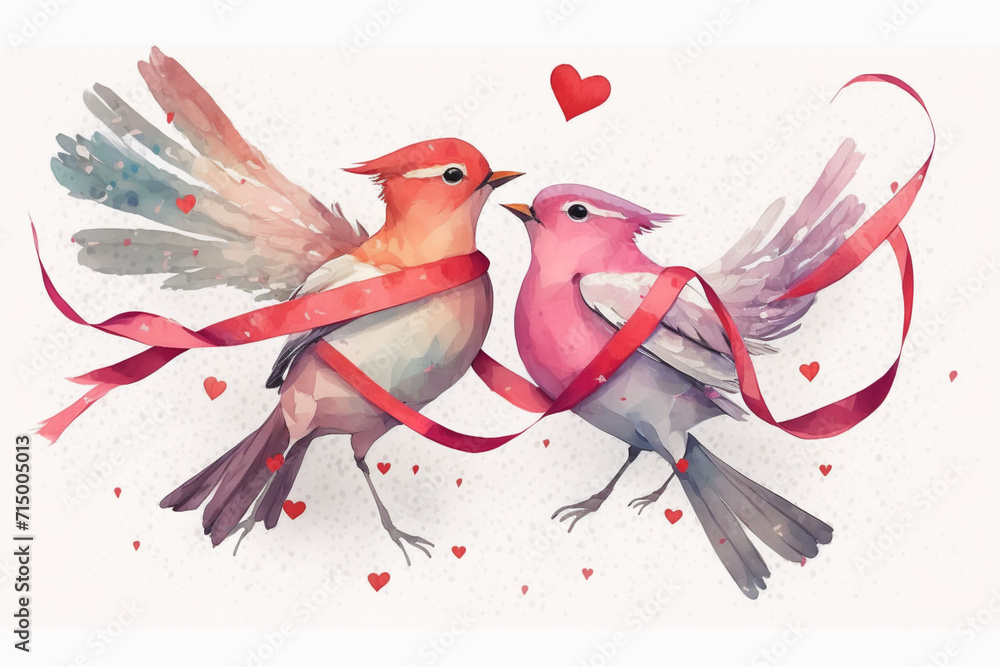 Zakochane ptaszki - ilustracja na zaproszenie ślubne, Birds in love - illustration for a wedding invitation - AI Generated - obrazy, fototapety, plakaty 