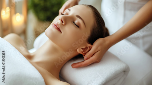 A woman lies face down on a massage table as a therapist gives her a relaxing back massage. photo