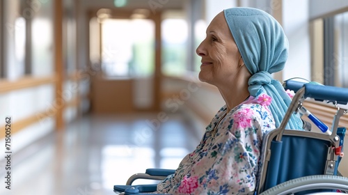 A woman wearing a blue head scarf and sitting in a wheelchair Generative AI