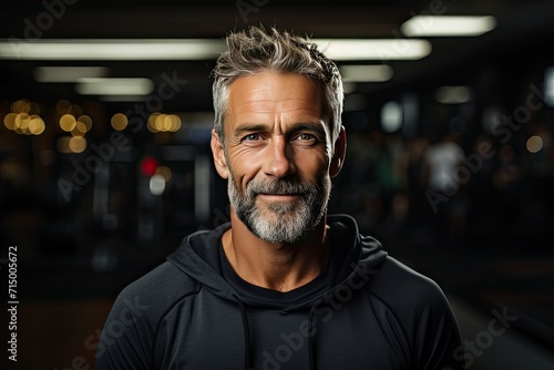 Medium shot portrait photography of a pleased, man in his 60s that is wearing athletic wear against a gym setting background © andrenascimento