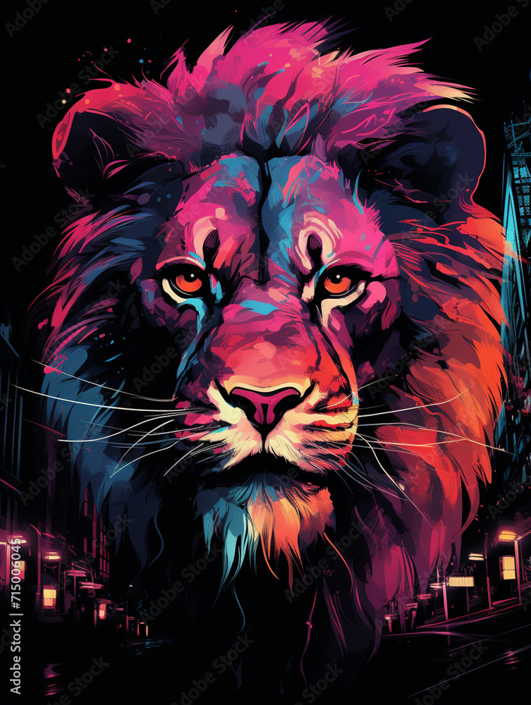 T-shirt design, A nonsense image of extreme realism, cyberpunk lion created with Generative Ai