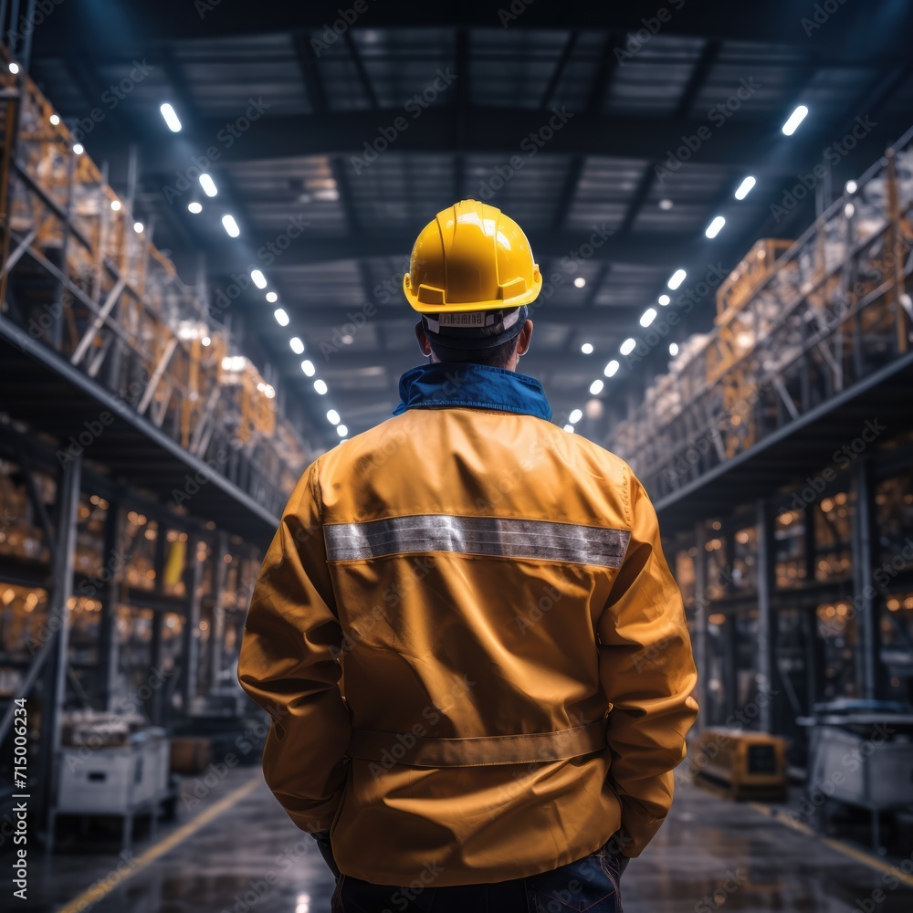 view from behind, industrial worker standing in a warehouse wearing a yellow hard hat and jacket
view from behind, industrial worker standing in a warehouse wearing a yellow hard hat and jacket