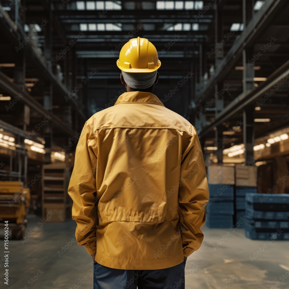 view from behind, industrial worker standing in a warehouse wearing a yellow hard hat and jacket
view from behind, industrial worker standing in a warehouse wearing a yellow hard hat and jacket