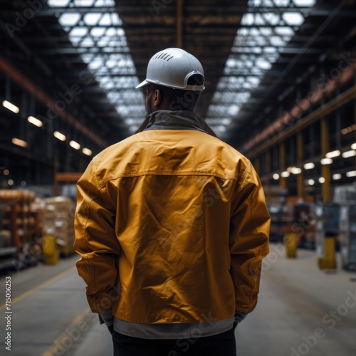 view from behind, industrial worker standing in a warehouse wearing a yellow hard hat and jacket 